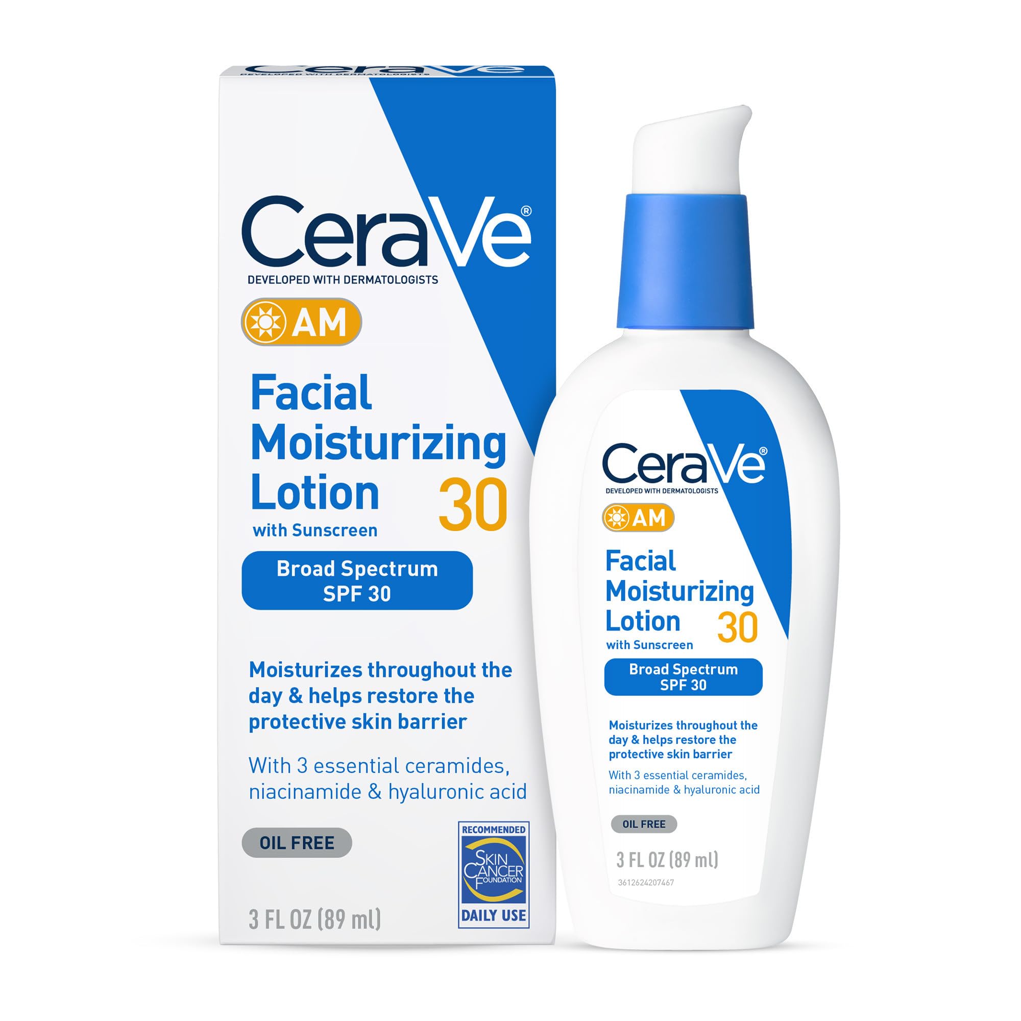 CeraVe AM Facial Moisturizing Lotion with SPF 30 Oil-Free Face Moisturizer with SPF Formulated with Hyaluronic Acid Niacinamide & Ceramides Non-Comedogenic Broad Spectrum Sunscreen 3 Ounce